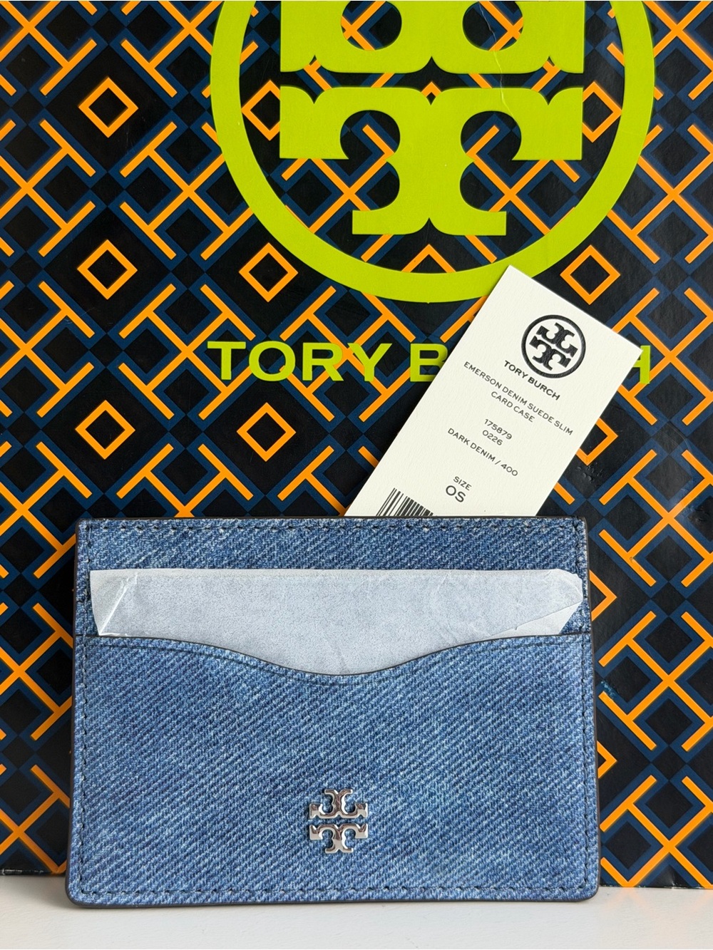 NWT Tory Burch Emerson Denim Suede Slim Card Case